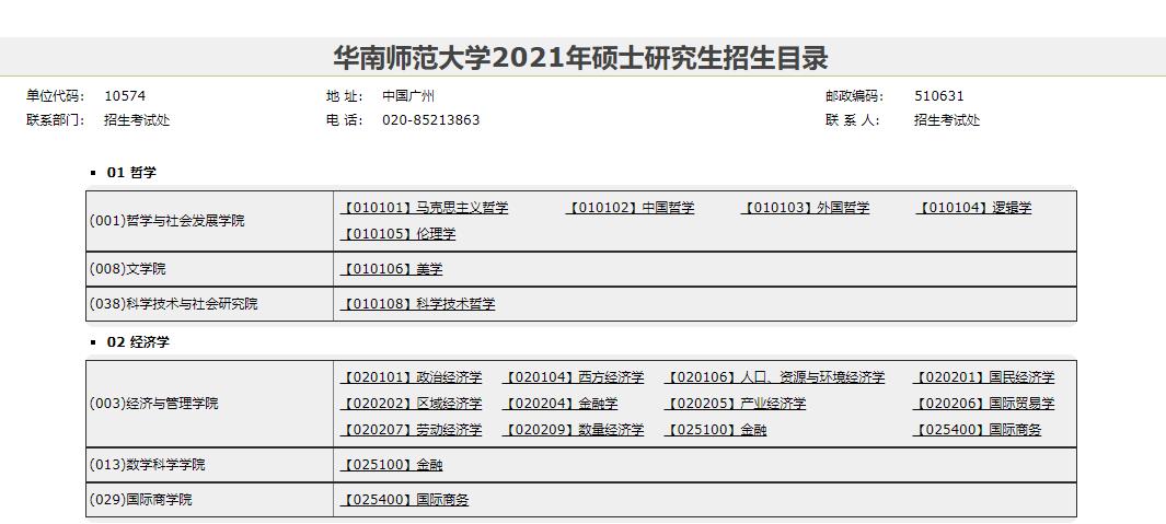 2021考研專業(yè)目錄:華南師范大學2021年碩士研究生招生目錄